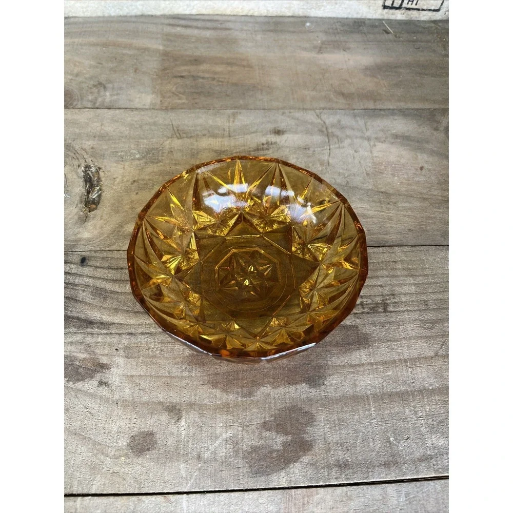 Vintage Amber  Round Cut Glass Candy, Nut Dish  1970s Trinket Dish Candy‎ Dish
